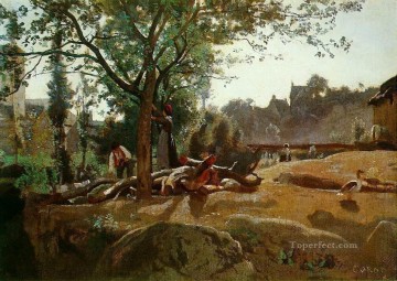  peasants Works - Peasants under the Trees at Dawn Morvan plein air Romanticism Jean Baptiste Camille Corot